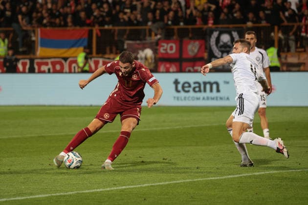 Artur Gharibyan of Armenia scores with a shot during the UEFA Nations League match between Armenia and Latvia at the Vazgen Sargsyan Republican Stadium in Yerevan, Armenia, on September 25, 2026. Yerevan Vazgen Sargsyan Republican Stadium, Charents street, Kentron, Yerevan, 0070, Armenia Armenia Copyright: xArturxStabulnieksx 1683029