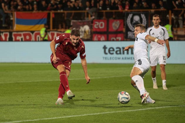 Artur Gharibyan of Armenia scores with a shot during the UEFA Nations League match between Armenia and Latvia at the Vazgen Sargsyan Republican Stadium in Yerevan, Armenia, on September 25, 2026. Yerevan Vazgen Sargsyan Republican Stadium, Charents street, Kentron, Yerevan, 0070, Armenia Armenia Copyright: xArturxStabulnieksx 1683039