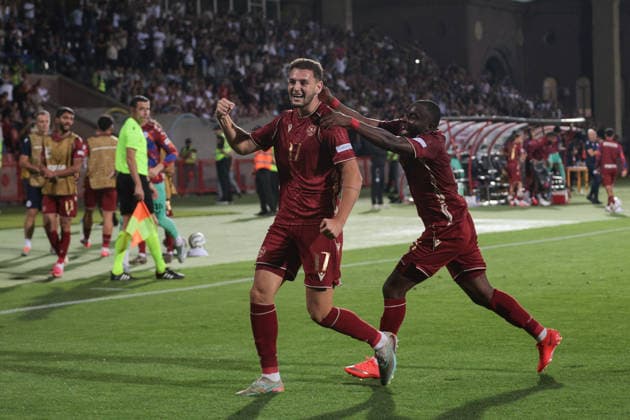 Artur Gharibyan and Ugochukwu Iwu of Armenia celebrates after scoring a goal during the UEFA Nations League match between Armenia and Latvia at the Vazgen Sargsyan Republican Stadium in Yerevan, Armenia, on September 25, 2026. Yerevan Vazgen Sargsyan Republican Stadium, Charents street, Kentron, Yerevan, 0070, Armenia Armenia Copyright: xArturxStabulnieksx 1683359