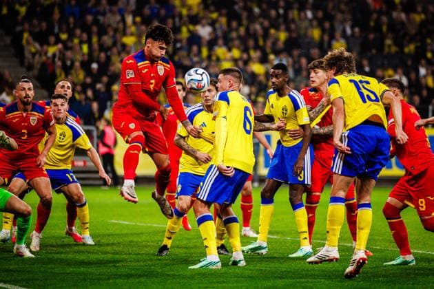 September 25, 2026: Andrei Ratiu of Romania and Benjamin Nygren of Sweden during the Nations League soccer match between Sweden and Romania on September 25, 2026 in Stockholm. Photo by Kenta Jönsson, BILDBYRAN COP 210 JM0854 bbeng soccer football fotball Nations League UEFA Nations League Sweden Sweden A Romania  Copyright: KENTAxJÖNSSON BB260925KJ120