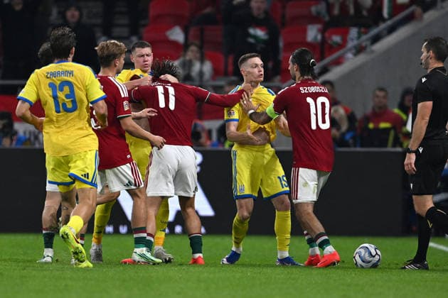 SOCCER - UEFA Nations League - Hungary vs. Ukraine Photo by IPA ABACAPRESS.COM88973559 - On-field brawl during the Nations League phase, Matchday 1, between Hungary and Ukraine on September 26, 2026, at the Puskás Arena in Budapest, Hungary Budapest Hungary  Copyright: xIPAxSport ABACAx