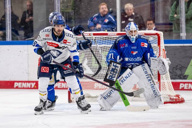 Peter Abbandonato, ERC Ingolstadt, No. 98, in front of the net defended by Jakub Skarek, goalie, Straubing Tigers, No. 31, GER; Straubing Tigers vs. ERC Ingolstadt, ice hockey, DEL, 2026–2027 season, Matchday 3, September 25, 2026 Photo: HMB Media, Heike Feiner Copyright: HMBxMedia HeikexFeiner