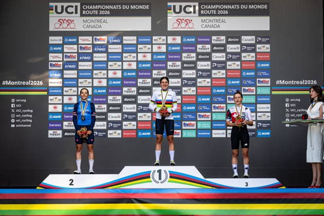 ROSSIGNOLI Matilde, NEIRA Alejandra, GROSSMANN Anja UCI Road Cycling World Championships Montreal, Canada, 2026 ROSSIGNOLI Matilde ITA Italy Second Place NEIRA Alejandra ESP Spain Winner First Place GROSSMANN Anja SUI Switzerland Third Place Award Ceremony Medal Ceremony Podium Landscape Format Landscape Event UCI Road Cycling World Championships Montreal, Canada 2026 Category Cycling Road Cycling World Championships Elite Women U19 Location North America, Canada, Quebec, Montreal Start Montreal Finish Montreal Road Race RR Distance 80.4 km Date September 25, 2026, Friday, Day 5
