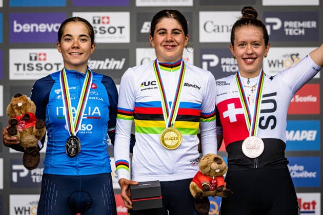 ROSSIGNOLI Matilde, NEIRA Alejandra, GROSSMANN Anja UCI Road Cycling World Championships Montreal, Canada, 2026 ROSSIGNOLI Matilde ITA Italy Second Place NEIRA Alejandra ESP Spain Winner First Place GROSSMANN Anja SUI Switzerland Third Place Award Ceremony Medal Ceremony Podium Landscape Format Landscape Event UCI Road Cycling World Championships Montreal, Canada 2026 Category Cycling Road Cycling World Championships Elite Women U19 Location North America, Canada, Quebec, Montreal Start Montreal Finish Montreal Road Race RR Distance 80.4 km Date September 25, 2026, Friday, Day 5