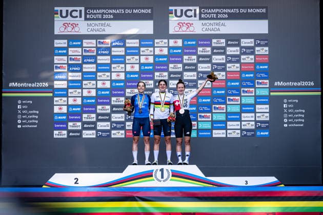 ROSSIGNOLI Matilde, NEIRA Alejandra, GROSSMANN Anja UCI Road Cycling World Championships Montreal, Canada, 2026 ROSSIGNOLI Matilde ITA Italy Second Place NEIRA Alejandra ESP Spain Winner First Place GROSSMANN Anja SUI Switzerland Third Place Award Ceremony Medal Ceremony Podium Landscape Format Landscape Event UCI Road Cycling World Championships Montreal, Canada 2026 Category Cycling Road Cycling World Championships Elite Women U19 Location North America, Canada, Quebec, Montreal Start Montreal Finish Montreal Road Race RR Distance 80.4 km Date September 25, 2026, Friday, Day 5