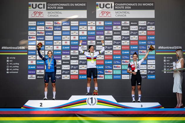 ROSSIGNOLI Matilde, NEIRA Alejandra, GROSSMANN Anja UCI Road Cycling World Championships Montreal, Canada 2026 ROSSIGNOLI Matilde ITA Italy Second Place NEIRA Alejandra ESP Spain Winner First Place GROSSMANN Anja SUI Switzerland Third Place Award Ceremony Medal Ceremony Podium Landscape Format Landscape Event UCI Road Cycling World Championships Montreal, Canada 2026 Category Cycling Road Cycling World Championships Elite Women U19 Location North America, Canada, Quebec, Montreal Start Montreal Finish Montreal Road Race RR Distance 80.4 km Date September 25, 2026 Friday Day 5