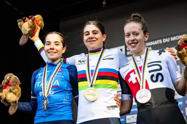 ROSSIGNOLI Matilde, NEIRA Alejandra, GROSSMANN Anja UCI Road Cycling World Championships Montreal, Canada 2026 ROSSIGNOLI Matilde ITA Italy Second Place NEIRA Alejandra ESP Spain Winner First Place GROSSMANN Anja SUI Switzerland Third Place Award Ceremony Medal Ceremony Podium Landscape Format Landscape Event UCI Road Cycling World Championships Montreal, Canada 2026 Category Cycling Road Cycling World Championships Elite Women U19 Location North America, Canada, Quebec, Montreal Start Montreal Finish Montreal Road Race RR Distance 80.4 km Date September 25, 2026 Friday Day 5