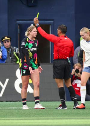 SEATTLE, WA - SEPTEMBER 25: Boston Legacy FC midfielder Annie Karich (6) gets a yellow card in the first half during the NWSL match between Seattle Reign FC and Boston Legacy FC on September 25, 2026 at Lumen Field in Seattle, Washington. (Photo by Leslie Plaza Johnson Icon Sportswire) SOCCER: SEP 25 NWSL Seattle Reign FC vs Boston Legacy EDITORIAL USE ONLY Icon260925010