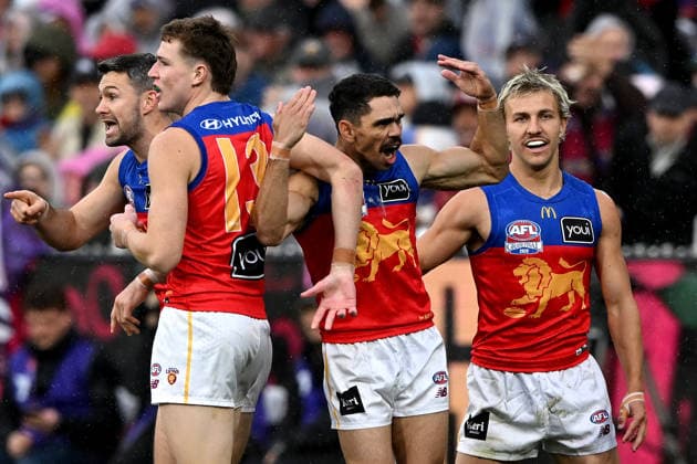 AFL GRAND FINAL, Charlie Cameron of the Lions (second right) celebrates with teammates after kicking a goal during the 2026 AFL Grand Final between the Brisbane Lions and the Fremantle Dockers at the Melbourne Cricket Ground in Melbourne, Saturday, September 26, 2026. ( NO ARCHIVING, EDITORIAL USE ONLY MELBOURNE VICTORIA Australia  Copyright: xJAMESxROSSx 20260926155668252359