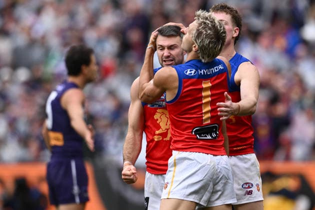 AFL GRAND FINAL, Conor McKenna of the Lions celebrates scoring a goal during the 2026 AFL Grand Final match between the Brisbane Lions and the Fremantle Dockers at the Melbourne Cricket Ground in Melbourne, Saturday, September 26, 2026. ( NO ARCHIVING, EDITORIAL USE ONLY MELBOURNE VICTORIA Australia  Copyright: xJOELxCARRETTx 20260926179670939560