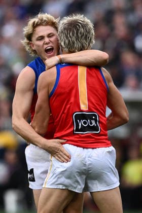 AFL GRAND FINAL, Levi Ashcroft of the Lions celebrates scoring a goal during the 2026 AFL Grand Final match between the Brisbane Lions and the Fremantle Dockers at the Melbourne Cricket Ground in Melbourne, Saturday, September 26, 2026. ( NO ARCHIVING, EDITORIAL USE ONLY MELBOURNE VICTORIA Australia  Copyright: xJOELxCARRETTx 20260926142584094512