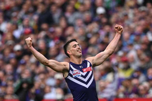 AFL GRAND FINAL, Patrick Voss of the Dockers reacts after kicking a goal during the 2026 AFL Grand Final match between the Brisbane Lions and the Fremantle Dockers at the Melbourne Cricket Ground in Melbourne, Saturday, September 26, 2026. ( NO ARCHIVING, EDITORIAL USE ONLY MELBOURNE VICTORIA Australia  Copyright: xJAMESxROSSx 20260926110145083350