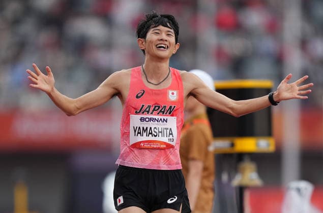 (260926) -- NAGOYA, Sept. 26, 2026 -- Yamashita Ichitaka of Japan celebrates as he crosses the finish line during the men s marathon final of Athletics at the 20th Asian Games Aichi-Nagoya 2026 in Nagoya, Japan, Sept. 26, 2026. ) (SP)JAPAN-NAGOYA-ASIAN GAMES-ATHLETICS-MEN S MARATHON LuixSiuxWai 