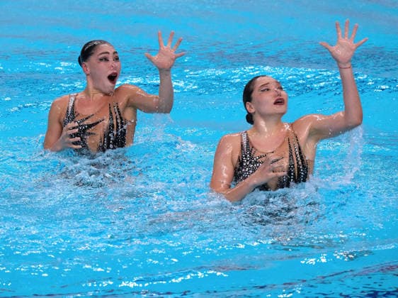 (260926) -- HAMAMATSU, Sept. 26, 2026 -- Nargiza Bolatova Yasmin Tuyakova of Kazakhstan perform during the duet technical routine of artistic swimming at the 20th Asian Games Aichi-Nagoya 2026 in Hamamatsu of Shizuoka Prefecture, Japan, Sept. 26, 2026. ) (SP)JAPAN-HAMAMATSU-ASIAN GAMES-ARTISTIC SWIMMING-DUET TECHNICAL ROUTINE ZhouxMi 