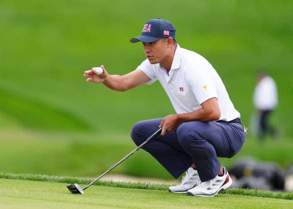 MEDINAH, IL - SEPTEMBER 25: Team USA golfer Collin Morikawa lines up his putt on the 18th hole during the second round of the 2026 Presidents Cup on September 25, 2026, at Medinah Country Club in Medinah, Illinois. (Photo by Brian Spurlock Icon Sportswire) GOLF: SEP 25 Presidents Cup EDITORIAL USE ONLY Icon260925127