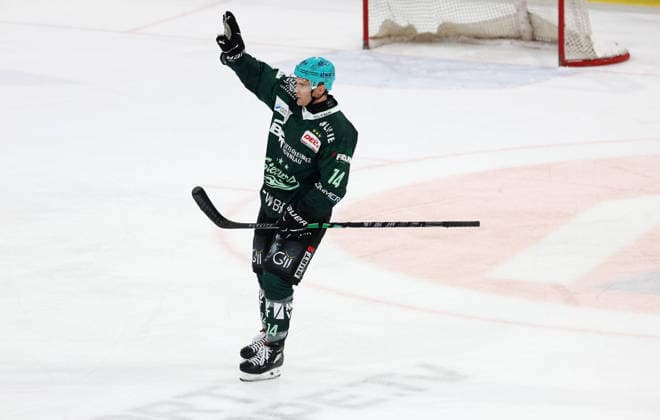 September 25, 2026, Germany, Bietigheim: Ice hockey—Steelers Bietigheim vs. Blue Devils Weiden; Benjamin Zientek scores, and the Steelers celebrate the goal that makes it 3–1