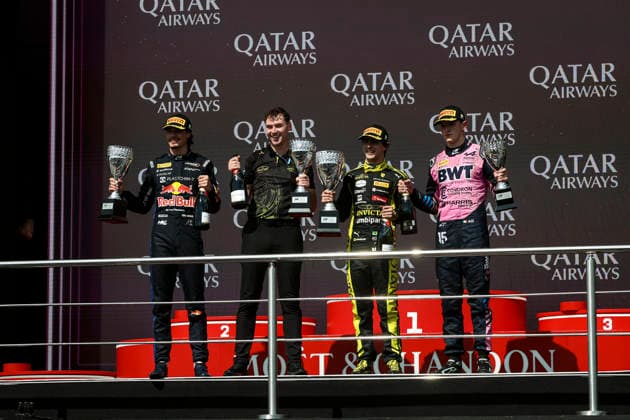AUTO - FORMULA 2 2026 - BAKU TSOLOV Nikola (bul), Campos Racing, Dallara F2 2024, portrait CAMARA Rafael (bra), Invicta Racing, Dallara F2 2024, portrait DUNNE Alex (irl), Rodin Motorsport, Dallara F2 2024, portrait podium during the 12th round of the 2026 FIA Formula 2 Championship from September 24 to 26, 2026 on the Baku City Circuit, in Baku, Azerbaijan - BakuAzerbaijan Copyright: xXavixBonillax