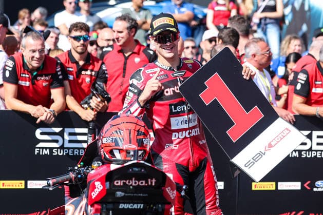 Iker Lecuona of Aruba.it Racing - Ducati with Ducati Panigale V4R celebrate the best time in Tissout Superpole during Podium Tissout Superpole of SBK Round 10 EICMA Italian Round. Cremona Italy Copyright: xBEAUTIFULxSPORTS Carabellix