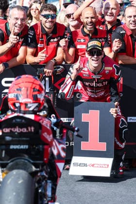 Iker Lecuona of Aruba.it Racing - Ducati with Ducati Panigale V4R celebrate the best time in Tissout Superpole during Podium Tissout Superpole of SBK Round 10 EICMA Italian Round. Cremona Italy Copyright: xBEAUTIFULxSPORTS Carabellix