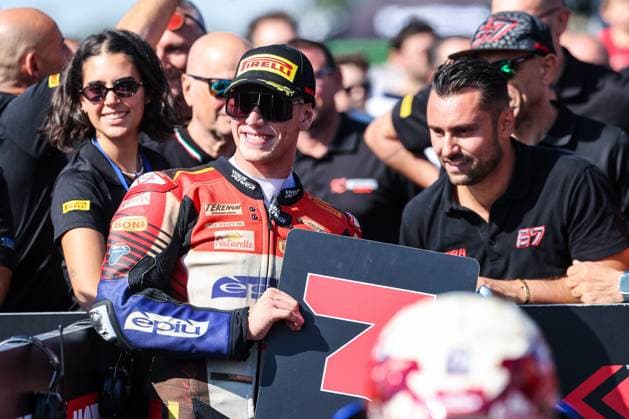September 26, 2026, San Martino Del Lago, Cremona, Italy: Alberto Surra of Motocorsa Racing with Ducati Panigale V4R celebrates the third place in Tissout Superpole during Podium Tissout Superpole of SBK Round 10 EICMA Italian Round. San Martino Del Lago Italy - ZUMAs197 20260926_aaa_s197_101 Copyright: xFabrizioxCarabellix