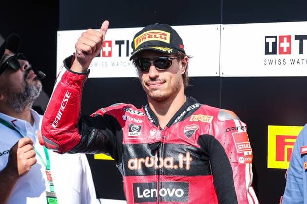 September 26, 2026, San Martino Del Lago, Cremona, Italy: Nicolo Bulega of Aruba.it Racing - Ducati with Ducati Panigale V4R celebrates the second place in Tissout Superpole during Podium Tissout Superpole of SBK Round 10 EICMA Italian Round. SBK Round 10 EICMA Italian Round (Podium Tissout Superpole) In San Martino Del Lago, Italy - 26 Sep 2026  - ZUMAs197 20260926_aaa_s197_103 Copyright: xFabrizioxCarabellix