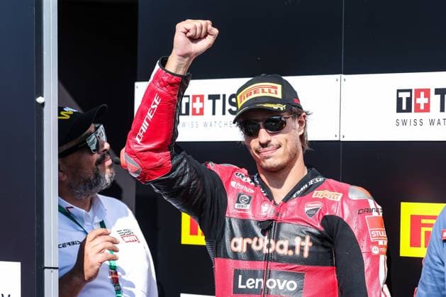 September 26, 2026, San Martino Del Lago, Cremona, Italy: Nicolo Bulega of Aruba.it Racing - Ducati with Ducati Panigale V4R celebrates the second place in Tissout Superpole during Podium Tissout Superpole of SBK Round 10 EICMA Italian Round. SBK Round 10 EICMA Italian Round (Podium Tissout Superpole) In San Martino Del Lago, Italy - 26 Sep 2026  - ZUMAs197 20260926_aaa_s197_104 Copyright: xFabrizioxCarabellix