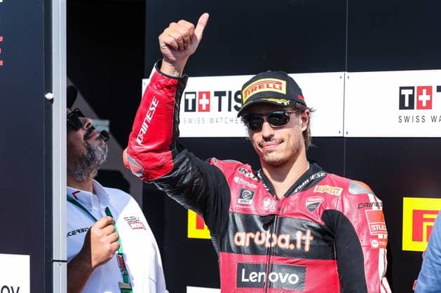 September 26, 2026, San Martino Del Lago, Cremona, Italy: Nicolo Bulega of Aruba.it Racing - Ducati with Ducati Panigale V4R celebrates the second place in Tissout Superpole during Podium Tissout Superpole of SBK Round 10 EICMA Italian Round. SBK Round 10 EICMA Italian Round (Podium Tissout Superpole) In San Martino Del Lago, Italy - 26 Sep 2026  - ZUMAs197 20260926_aaa_s197_106 Copyright: xFabrizioxCarabellix