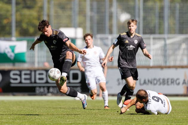 Lucas Beetz 2, SpVgg Ansbach, and Jeton Abazi 9, TSV Landsberg, in the match between TSV Landsberg and SpVgg Ansbach, soccer, men s, Bavarian Regional League, 2026–2027, Matchday 11 on September 26, 2026, in Landsberg am Lech, Sportpark, Bavaria, Germany
