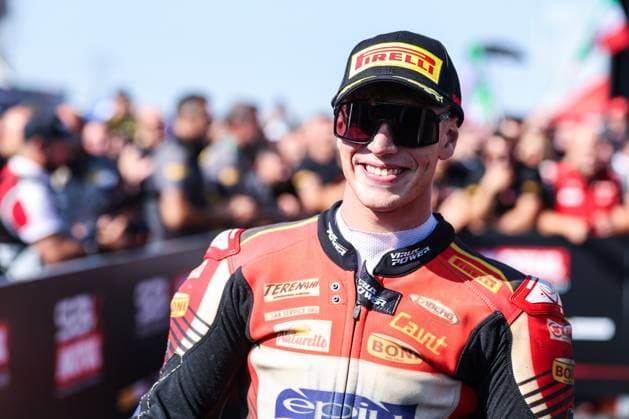 SBK Round 10 EICMA Italian Round (Podium Tissout Superpole) in San Martino del Lago, Italy - 26 Sep 2026 Alberto Surra of Motocorsa Racing with Ducati Panigale V4R celebrates the third place in Tissout Superpole during Podium Tissout Superpole of SBK Round 10 EICMA Italian Round. San Martino del Lago Italy Copyright: xFabrizioxCarabellix xSOPAxImagesx Fabrizio-Carabelli-1454020