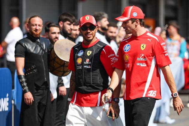AZERBAIJAN, BAKU - SEPTEMBER 26, 2026: Scuderia Ferrari HP drivers Lewis Hamilton and Charles Leclerc (L-R front) appear during the 2026 Formula One Azerbaijan Grand Prix at the Baku City Circuit 2026 Formula One Azerbaijan Grand Prix  - ZUMAt113 20260926_zaa_t113_139 Copyright: xDanilxAikinx