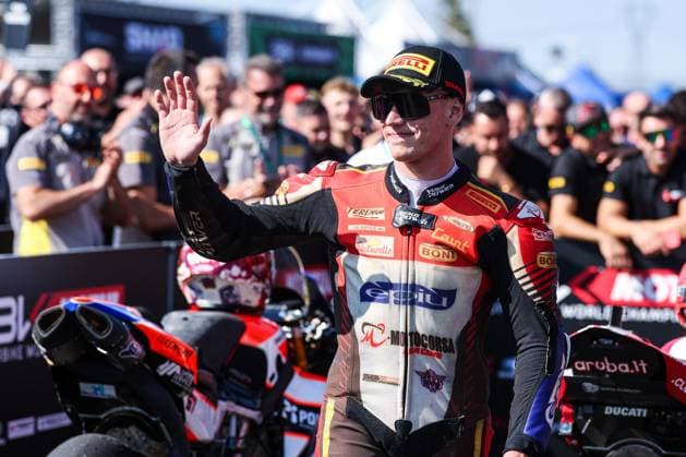 SBK Round 10 EICMA Italian Round (Podium Tissout Superpole) in San Martino del Lago, Italy - 26 Sep 2026 Alberto Surra of Motocorsa Racing with Ducati Panigale V4R celebrates the third place in Tissout Superpole during Podium Tissout Superpole of SBK Round 10 EICMA Italian Round. San Martino del Lago Italy Copyright: xFabrizioxCarabellix xSOPAxImagesx Fabrizio-Carabelli-1454029