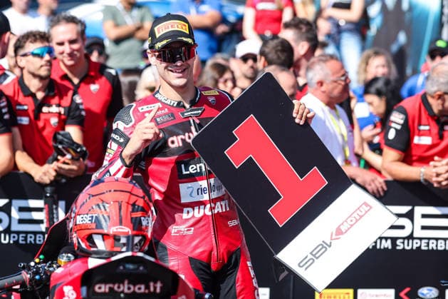 MOTORSPORTS - Superbike - Italian Round Photo by IPA ABACAPRESS.COM88993366 - Iker Lecuona of Aruba.it Racing - Ducati, riding a Ducati Panigale V4R, celebrated setting the fastest time in the Tissout Superpole during the Tissout Superpole podium ceremony at Round 10 of the SBK EICMA Italian Round. Cremona Italy  Copyright: xIPAxSport ABACAx