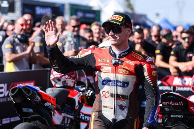 MOTORSPORTS - SuperBike - Italian Round Photo by IPA ABACAPRESS.COM88993372 - Alberto Surra of Motocorsa Racing, riding a Ducati Panigale V4R, celebrated his third-place finish in the Tissout Superpole during the Tissout Superpole podium ceremony for Round 10 of the SBK EICMA Italian Round. Cremona Italy  Copyright: xIPAxSport ABACAx