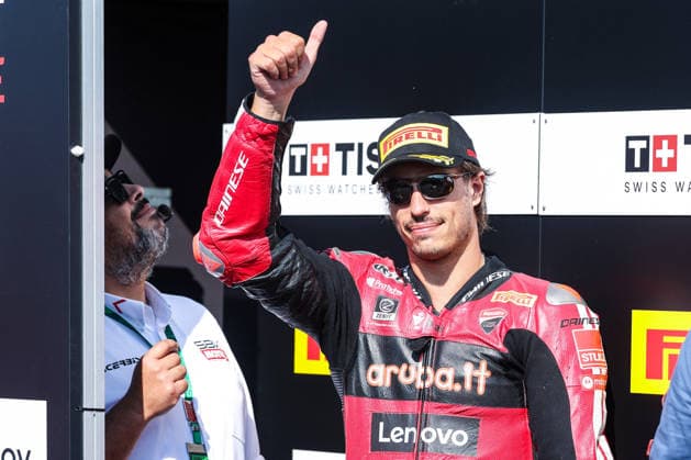 MOTORSPORTS - SuperBike - Italian Round Photo by IPA ABACAPRESS.COM88993376 - Nicolo Bulega of Aruba.it Racing - Ducati, riding a Ducati Panigale V4R, celebrated his second-place finish in the Tissout Superpole during the Tissout Superpole podium ceremony for Round 10 of the SBK EICMA Italian Round. Cremona Italy  Copyright: xIPAxSport ABACAx