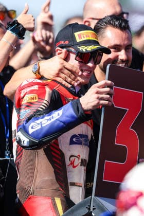 MOTORSPORTS - SuperBike - Italian Round Photo by IPA ABACAPRESS.COM88993384 - Alberto Surra of Motocorsa Racing, riding a Ducati Panigale V4R, celebrated his third-place finish in the Tissout Superpole during the Tissout Superpole podium ceremony for Round 10 of the SBK EICMA Italian Round. Cremona Italy  Copyright: xIPAxSport ABACAx