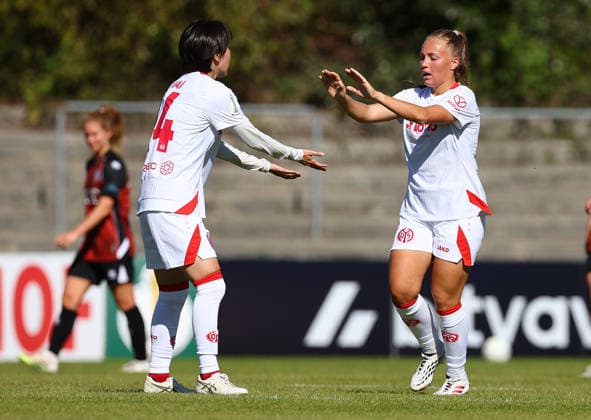Football Women german DFB Pokal Cup 2026 - 2027 Fc Ingolstadt-FSV Mainz Martin Lara of Mainz ( R ) celebrates after scoring 1-1 during the Women German DFB Pokal Cup 2026 - 2027 football match between Fc Ingolstadt and 1.FSV Mainz 05 at ESV Stadium in Ingolstadt , Bayern , Germany . September 26th , 2026 Photo by Davide Elias Copyright: xDavidexEliasx