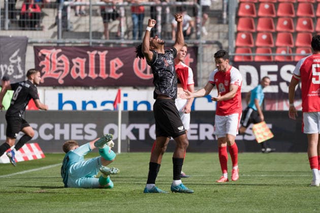 Charmaine Häusl Preussen, 21, celebrates after scoring the 0–1 goal, Hallescher FC vs. BFC Preussen 1894 e.V., soccer, Northeast Regional League, Matchday 11, 2026–27 season, September 26, 2026, Halle Leuna Chemie Stadium, ST, Germany