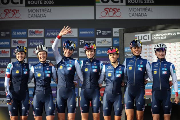 2026 UCI Road World Championships Picture by Alex Whitehead SWpix.com - 26 09 2026 - Cycling - 2026 UCI Road World Championships - MontrÃ al, Canada - Women Elite Road Race - France - Juliette Berthet (France), LÃ a Curinier (France), CÃ lia Gery (France), Cedrine Kerbaol (France), Marie Le Net (France), Evita Muzic (France), Maeva Squiban (France) MontrÃ al Avenue du Parc Canada Copyright: x xSWpix.comx(t axPhotographyxHubxLtd)xAlexxWhitehead SWpix.comx SWP-3521-3926
