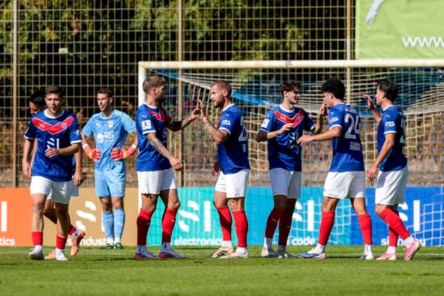 VfR Mannheim players celebrate the goal that makes it 2–0, Celebration, goal celebration, goal scored, celebrating the goal, goal, celebration, cheering the goal, joy, happiness, happy, optimistic, positive, game scene, highlight, action, 26 09 2026, Mannheim, Germany, soccer, Regionalliga Südwest, VfR Mannheim, SG Barockstadt, Fulda, Lehnerz xozx