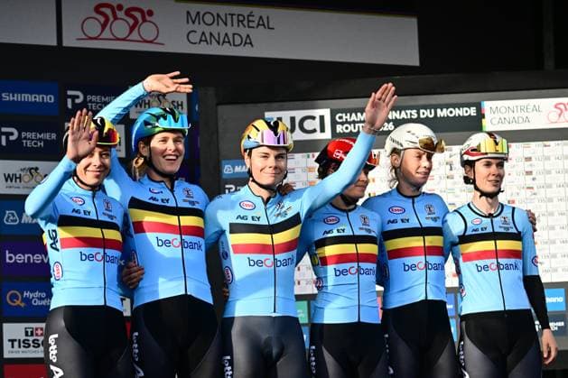 UCI 2026 Road World Championship, WM, Weltmeisterschaft Montreal 26 09 2026 MONTREAL, CANADA - SEPTEMBER 26 : Bossuyt Shari (BEL), Van De Velde Julie (BEL), Kopecky Lotte (BEL), Vanpachtenbeke Margot (BEL), Claes Lotte (BEL) and Tas Sandrine (BEL) during the Women Elite cycling road race of the 2026 UCI Road World Championships 93th edition an UCI World Championships cycling race of 180.1 km with start in Montreal and finish in Montreal on September 26, 2026 in Montreal, Canada, 26 09 2026 Montreal Canada Copyright: xPeterxDexVoechtx