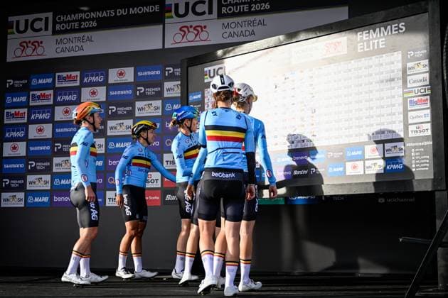 Belgian Shari Bossuyt; Belgian Lotte Claes; Belgian Lotte Kopecky; Belgian Sandrine Tas of LottoIntermarche Ladies; Belgian Julie Van De Velde and Belgian Margot Vanpachtenbeke pictured on the podium before the elite women Road Race race (180,4 km) at the cycling World Championship, WM, Weltmeisterschaft in Montreal, Canada, Saturday 26 September 2026. The UCI road world championships are taking place from 20 to 27 September, in Montreal, Canada. JASPERxJACOBS  x187880991x