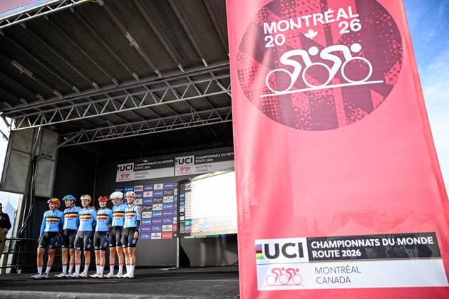 Belgian Shari Bossuyt; Belgian Lotte Claes; Belgian Lotte Kopecky; Belgian Sandrine Tas of LottoIntermarche Ladies; Belgian Julie Van De Velde and Belgian Margot Vanpachtenbeke pictured on the podium before the elite women Road Race race (180,4 km) at the cycling World Championship, WM, Weltmeisterschaft in Montreal, Canada, Saturday 26 September 2026. The UCI road world championships are taking place from 20 to 27 September, in Montreal, Canada. JASPERxJACOBS  x187880994x