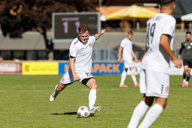 Leon Bucher, 20, TSV Landsberg, in the match between TSV Landsberg and SpVgg Ansbach, soccer, men s, Bavarian Regional League, 2026–2027, Matchday 11 on September 26, 2026, in Landsberg am Lech, Sportpark Bayern, Germany
