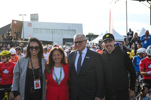 2026 UCI Road World Championships Picture by Zac Williams SWpix.com - 26 09 2026 - Cycling - 2026 UCI Road World Championships - MontrÃ al, Canada - Women Elite Road Race - UCI Director General Amina Lanaya, Second left is Enrico Della Casa, President of the Union EuropÃ enne de Cyclisme (UEC) and UCI Vice President Copyright: x xSWpix.comx(t axPhotographyxHubxLtd)xZacxWilliams SWpix.comx SWP-3521-3940