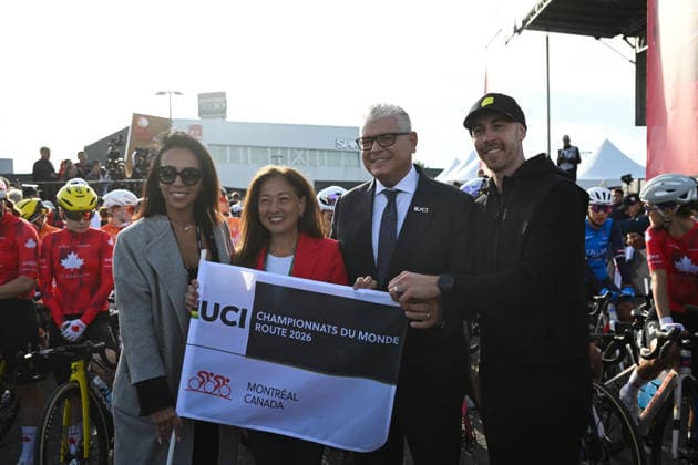 2026 UCI Road World Championships Picture by Zac Williams SWpix.com - 26 09 2026 - Cycling - 2026 UCI Road World Championships - MontrÃ al, Canada - Women Elite Road Race - UCI Director General Amina Lanaya, Second left is Enrico Della Casa, President of the Union EuropÃ enne de Cyclisme (UEC) and UCI Vice President Copyright: x xSWpix.comx(t axPhotographyxHubxLtd)xZacxWilliams SWpix.comx SWP-3521-3943