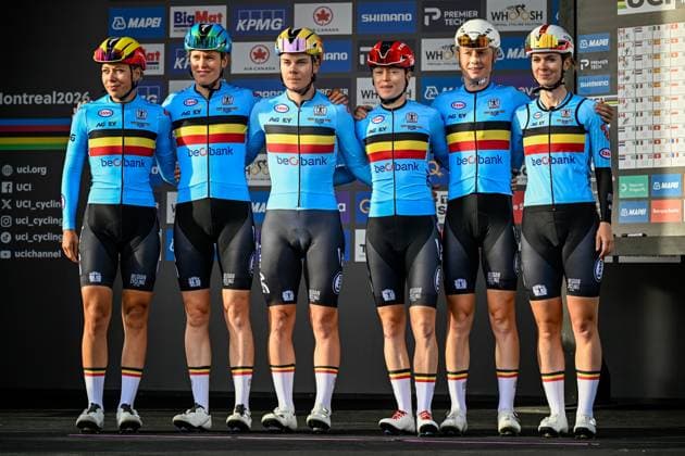 Belgian Shari Bossuyt; Belgian Julie van de Velde; Belgian Lotte Kopecky; Belgian Margot Vanpachtenbeke; Belgian Lotte Claes and Belgian Sandrine Tas pictured on the podium before the elite women Road Race race (180,4 km) at the cycling World Championship, WM, Weltmeisterschaft in Montreal, Canada, Saturday 26 September 2026. The UCI road world championships are taking place from 20 to 27 September, in Montreal, Canada. JASPERxJACOBS  x187881362x