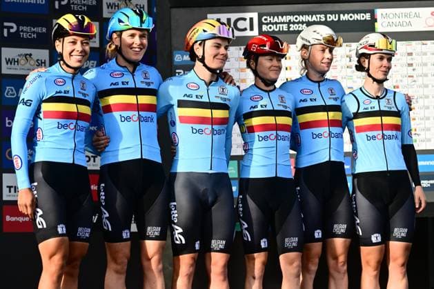 UCI 2026 Road World Championship, WM, Weltmeisterschaft Montreal 26 09 2026 MONTREAL, CANADA - SEPTEMBER 26 : Bossuyt Shari (BEL), Van De Velde Julie (BEL), Kopecky Lotte (BEL), Vanpachtenbeke Margot (BEL), Claes Lotte (BEL) and Tas Sandrine (BEL) during the Women Elite cycling road race of the 2026 UCI Road World Championships 93th edition an UCI World Championships cycling race of 180.1 km with start in Montreal and finish in Montreal on September 26, 2026 in Montreal, Canada, 26 09 2026 Montreal Canada Copyright: xPeterxDexVoechtx