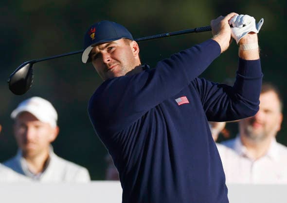 Chris Gotterup of the United States tees off on the second hole during the third round of the 2026 President s Cup golf tournament at Medinah Country Club in Chicago, Illinois, on Saturday, September 26, 2026.  CHI20260926702 TANNENxMAURY
