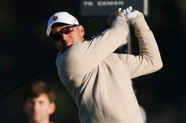 International team player Corey Conners of Canada tees off on the second hole during the third round of the 2026 President s Cup golf tournament at Medinah Country Club in Chicago, Illinois, on Saturday, September 26, 2026.  CHI20260926703 TANNENxMAURY