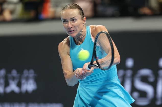 Elina Svitolina pictured in action during the tennis match between Svitolina and Paolini, in the the tie between Ukraine and Italy in the Semi Finals of the Billie King Cup tournament, on Saturday 26 September 2026 in Shenzhen, China. VIRGINIExLEFOUR  x187881340x